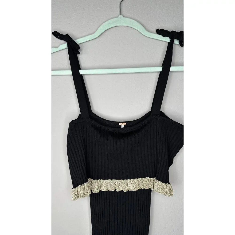 FREE PEOPLE Womens Size XS Black Gold Off the Shoulder Ribbed Sweater Midi Dress